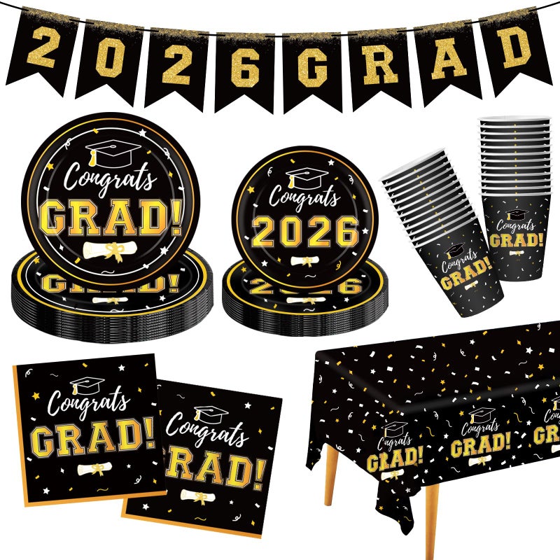 Labrostar Graduation Decorations 2026 Disposable Black Graduation Tableware Kit for 25 Guests Plates Napkins Cups Tablecloth Hanging Graduation Party Decorations 2026 - Image 2