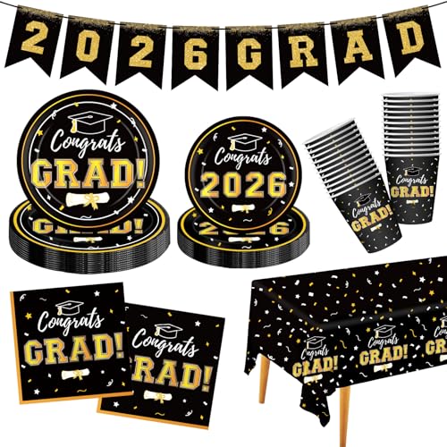Labrostar Graduation Decorations 2026 Disposable Black Graduation Tableware Kit for 25 Guests Plates Napkins Cups Tablecloth Hanging Graduation Party Decorations 2026 - Image 1