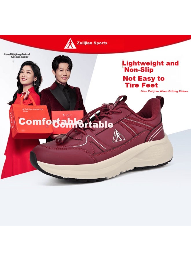 Zulijian Women's Non-slip Elderly Shoes Lightweight Slip-on Mom Shoes Middle-aged Outdoor Shoes 9163 Wine Red Size 37
