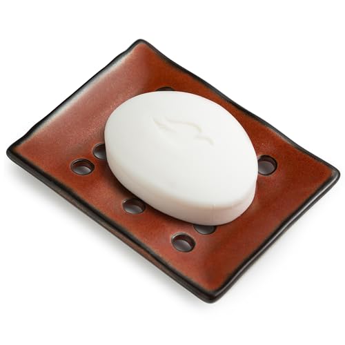 Cormomu Soap Holder with Self Drain, Ceramic Soap Dishes for Bar, Shower, Japanese Soap Tray for Kitchen and Bathroom, Keep Sink Dry and Tidy, Red - Image 1