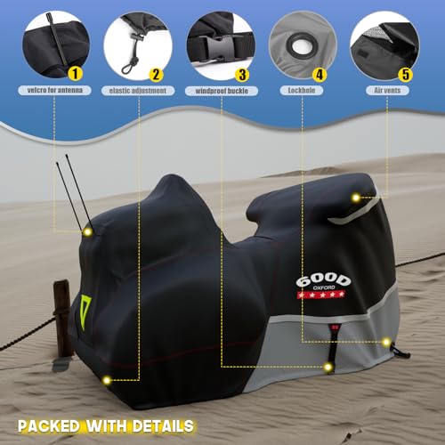 Rosefray Motorcycle Cover with Side+Top Box Heavy Duty 600D Waterproof for Touring Models Harley Davidson Ultra Limited,Road Glide Limited, Gold Wing,Road Master,Indoor & Outdoor Storage Gray - Image 5