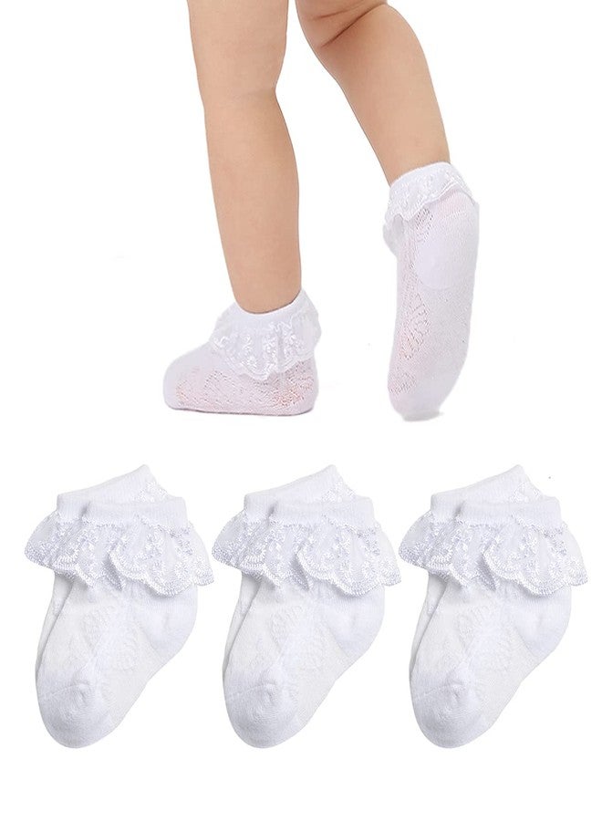 Mini angel Baby Lace Socks Toddler Girls Eyelet Lace Ruffle Frilly Ankle Socks Soft Cotton Dress Socks,3 Pairs,(White,12-36 Months)