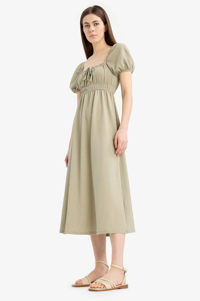 DeFacto Square Collar Crepe Short Sleeve Midi Dress