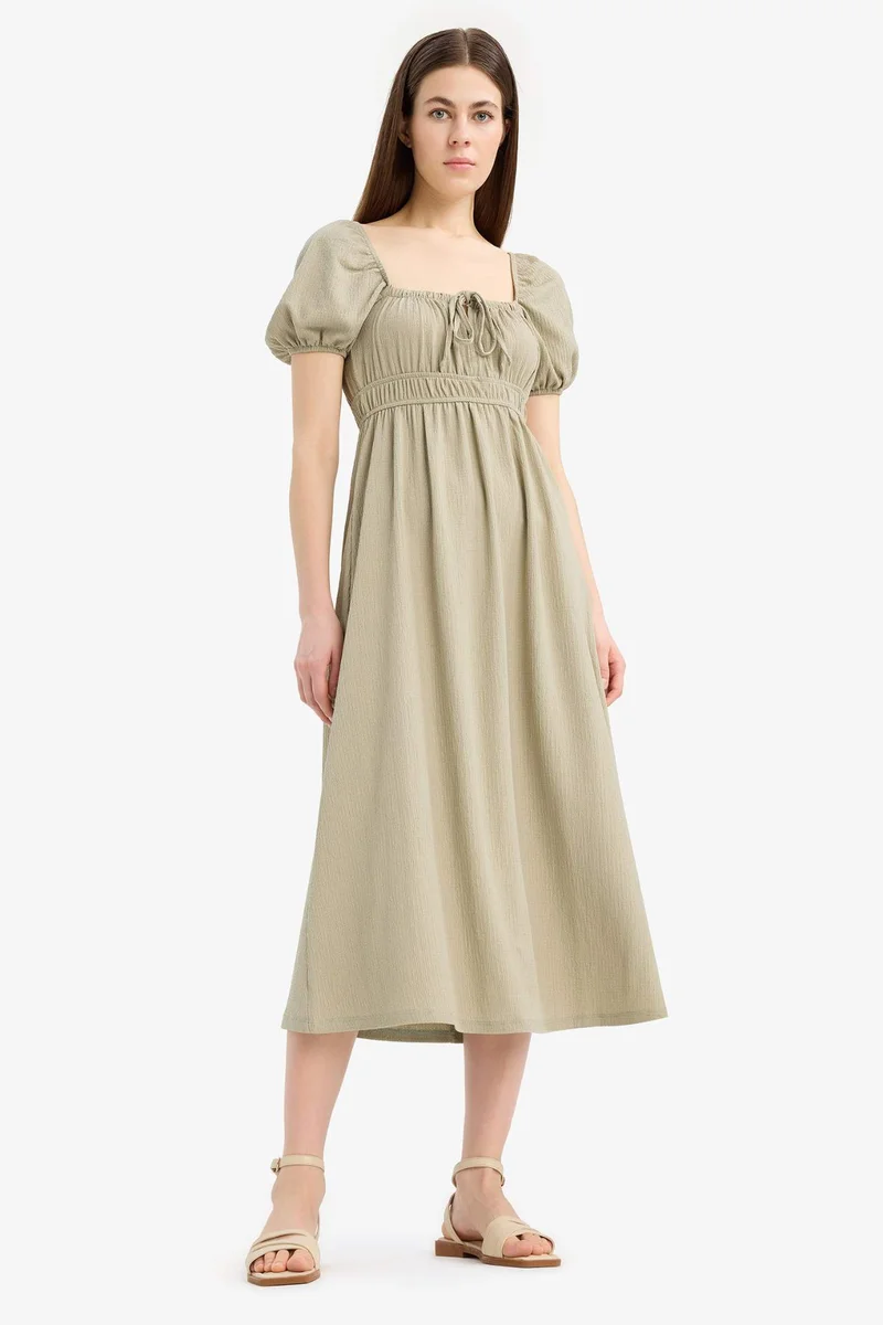 DeFacto Square Collar Crepe Short Sleeve Midi Dress