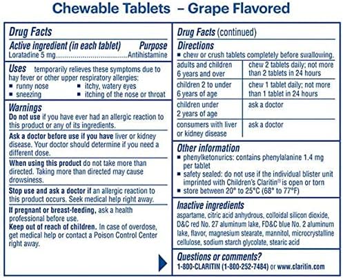 Claritin Childrens Chewable 5mg NonDrowsy 24 Hour 72 Tablets - Image 2