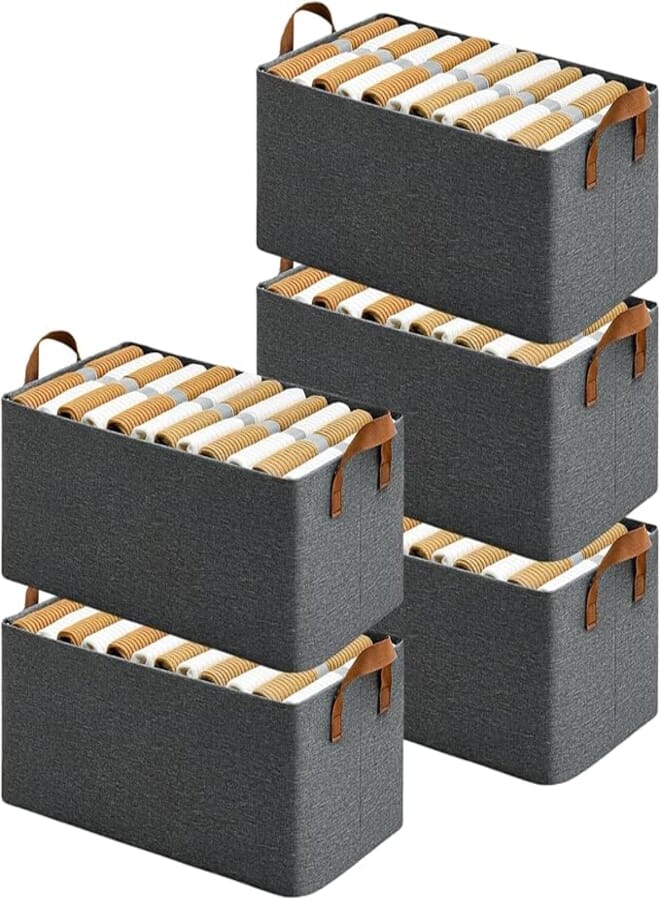 DAREV Wardrobe Organizer for Clothes with Metal Frame Rectangle Storage Baskets for Clothing Fabric Storage Box with Handles Shelf Basket for Storage Clothes Pants Jeans Sweater (Grey, Pack of 5)