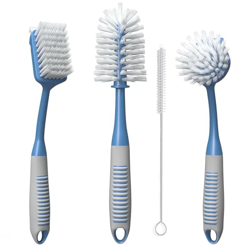 Trazon Dish Brush Set of 4 - Kitchen Scrub Brushes with Non-Slip Long Handle for Cleaning, Scrubber, Dishwashing, Dishes, Bottles, Straws, Cups, Pots & Sink, Blue - Image 1