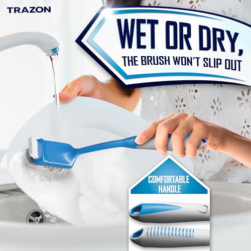 Trazon Dish Brush Set of 4 - Kitchen Scrub Brushes with Non-Slip Long Handle for Cleaning, Scrubber, Dishwashing, Dishes, Bottles, Straws, Cups, Pots & Sink, Blue - Image 3