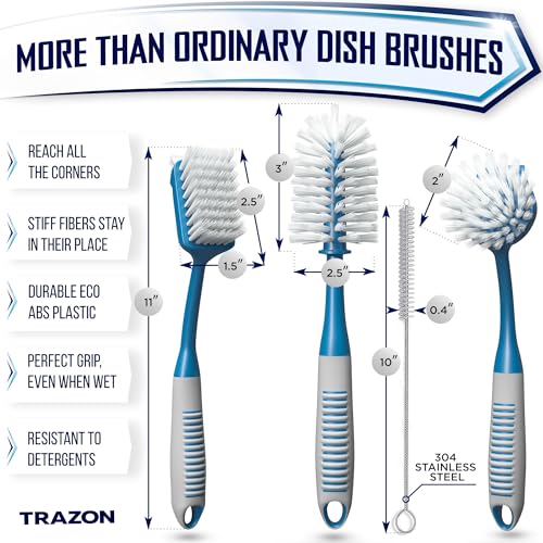 Trazon Dish Brush Set of 4 - Kitchen Scrub Brushes with Non-Slip Long Handle for Cleaning, Scrubber, Dishwashing, Dishes, Bottles, Straws, Cups, Pots & Sink, Blue - Image 2