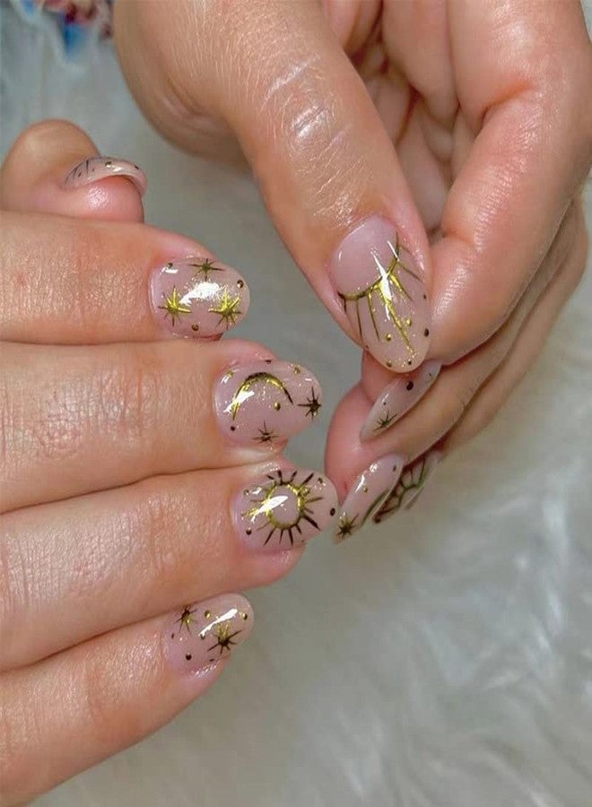 Gush Beauty Press On Nails | Reusable Extensions | Artificial Nails Set | Long Lasting Design | Glue Tabs and nail glue included | Pack of 24 Nails | For women (Celestial Gold - Short Round) - Image 1