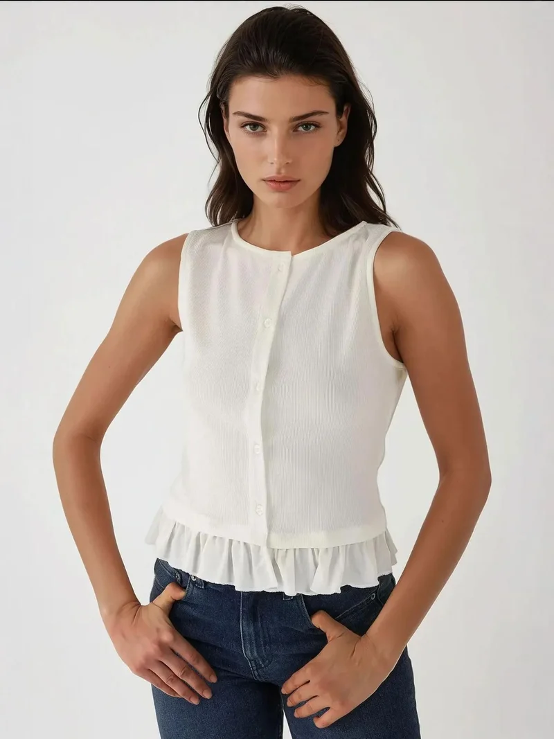 HICCUP Textured Crew Neck Blouse with Ruffle Detail