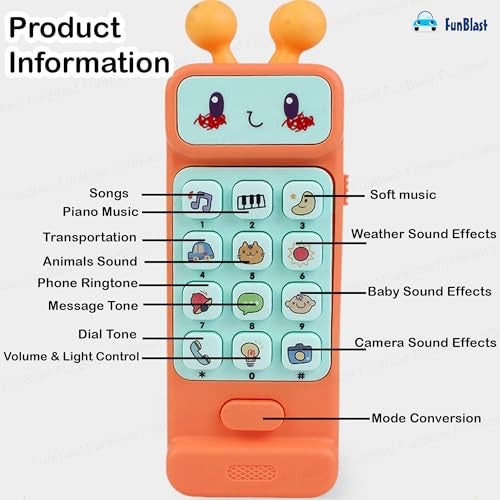 FunBlast Musical Mobile Phone Toy for Kids – Interactive Baby Toy with Light & Sound, Cartoon Face & Fun Buttons, Early Learning Educational Toy for Boys & Girls (Orange) - Image 2