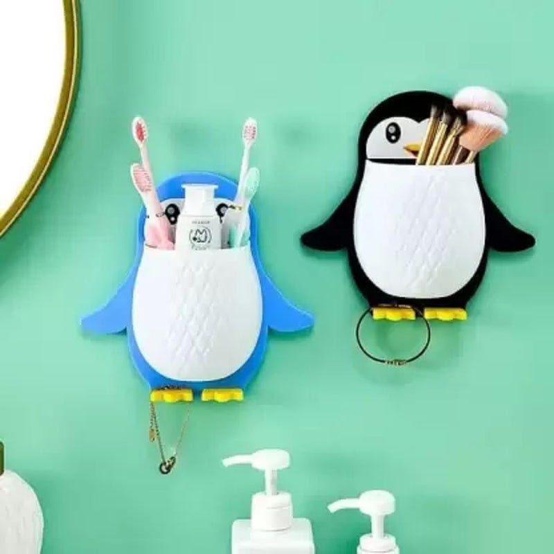Penguins Shape Toothbrush Holder Plastic Stand for Toothpaste, Comb, Brush, Cream, Lotion Kids Bathroom Cup Drain Waterproof Self-Adhesive(Multicolor, Pack of 2) - Image 1