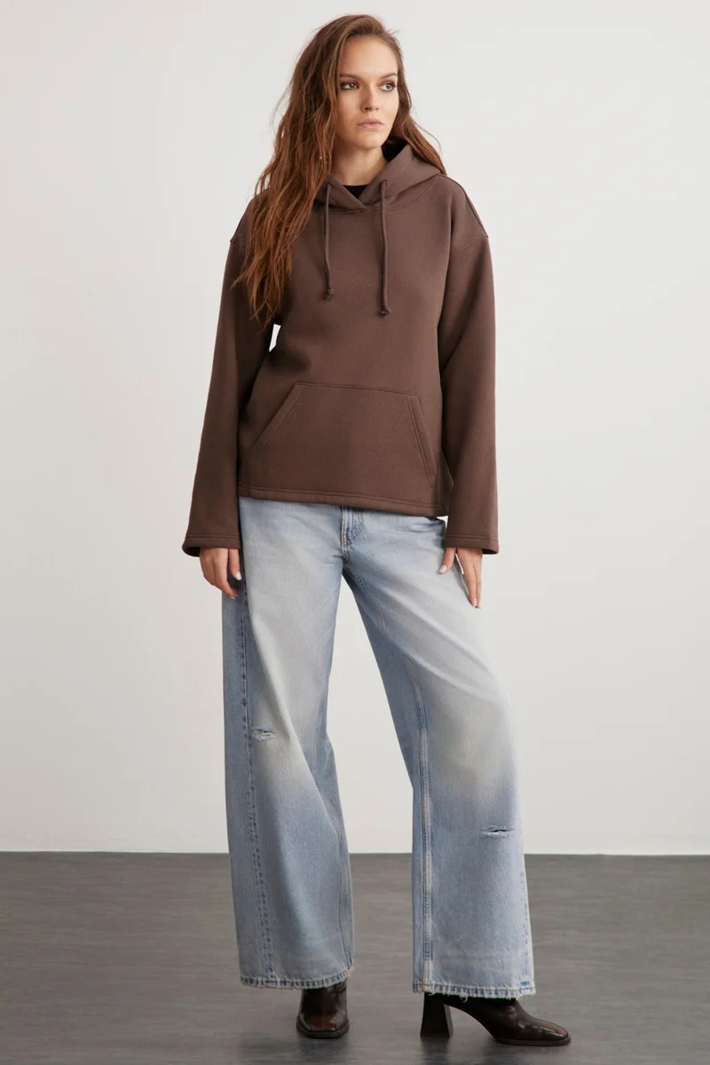 جريميلانج Gayle Women's Hooded Polar Fleece Relaxed Pattern Basic Bitter Coffee Sweatshirt