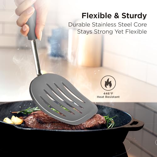 Kitchen Mama WaltzGrip Platinum Silicone Pancake Spatula Turner: Heat Resistant Flexible, Stainless Steel Core, Nonstick, Dishwasher Safe, Flipper – Ideal Kitchen Cookware Egg, Fish, Meat (Metal Gray) - Image 4