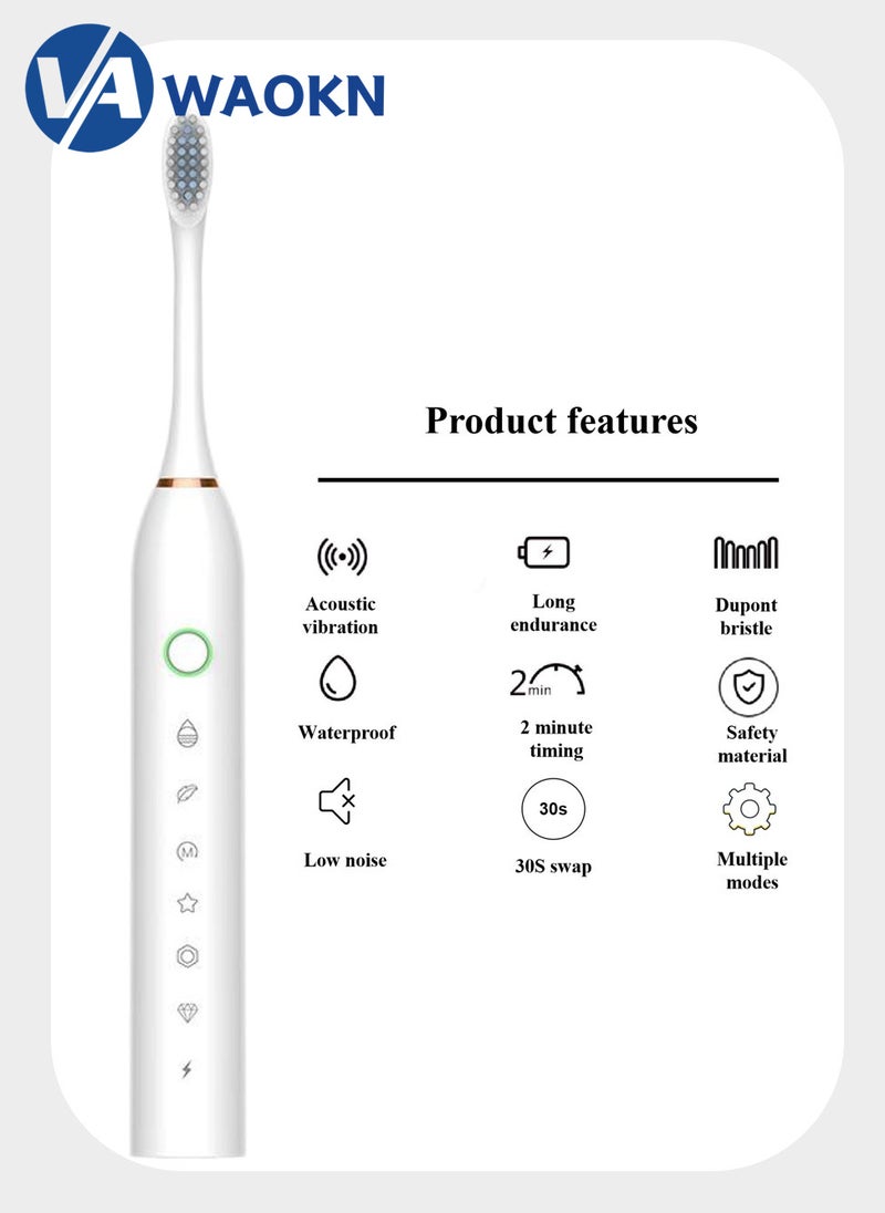 WAOKN Rechargeable Sonic Electric Toothbrush High-frequency Vibration IPX7 Waterproof Power Toothbrush 6 Modes Adjustable and Smart Electric Toothbrush with 4 Detachable Soft-bristle Brush Heads - Image 2