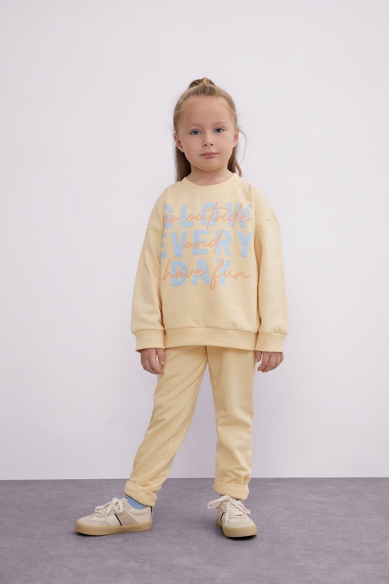 DeFacto Beige BabyGirl Baby Girl Slogan Printed Sweatshirt Fabric 2 Piece Set Casual - Image 1