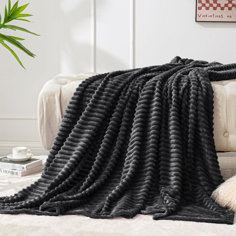 BEDELITE Fleece Blanket Twin Size  3D Ribbed Jacquard Soft and Warm Decorative Fuzzy Blankets  Cozy Fluffy Plush Lightweight Throw Blankets for Couch Bed SofaBlack 60x80 inches