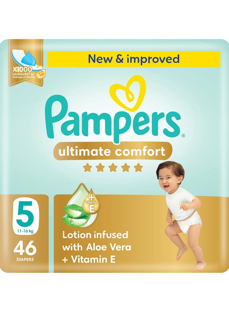 Pampers Ultimate Comfort Taped Diapers, Size 5, 11-16kg, Lotion infused with Aloe Vera and Vitamin E, x1000 Leak Locks Technology for Leakage Protection, Mega Pack, 46 Count