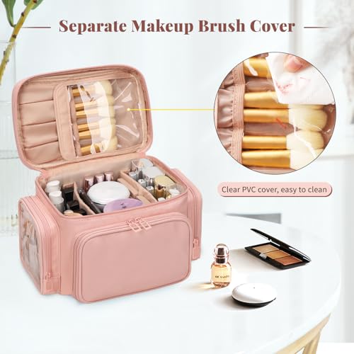 Bagmoly Large Makeup Bag, Portable Travel Makeup Bag Organizer for Women Girls with Makeup Brush Compartment & Two Side Pockets, Cosmetic Travel Bag Vertical Storage Toiletry - Pink - Image 3