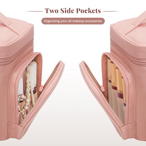 Bagmoly Large Makeup Bag, Portable Travel Makeup Bag Organizer for Women Girls with Makeup Brush Compartment & Two Side Pockets, Cosmetic Travel Bag Vertical Storage Toiletry - Pink - Image 5