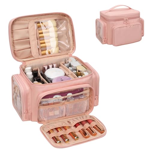 Bagmoly Large Makeup Bag, Portable Travel Makeup Bag Organizer for Women Girls with Makeup Brush Compartment & Two Side Pockets, Cosmetic Travel Bag Vertical Storage Toiletry - Pink - Image 1