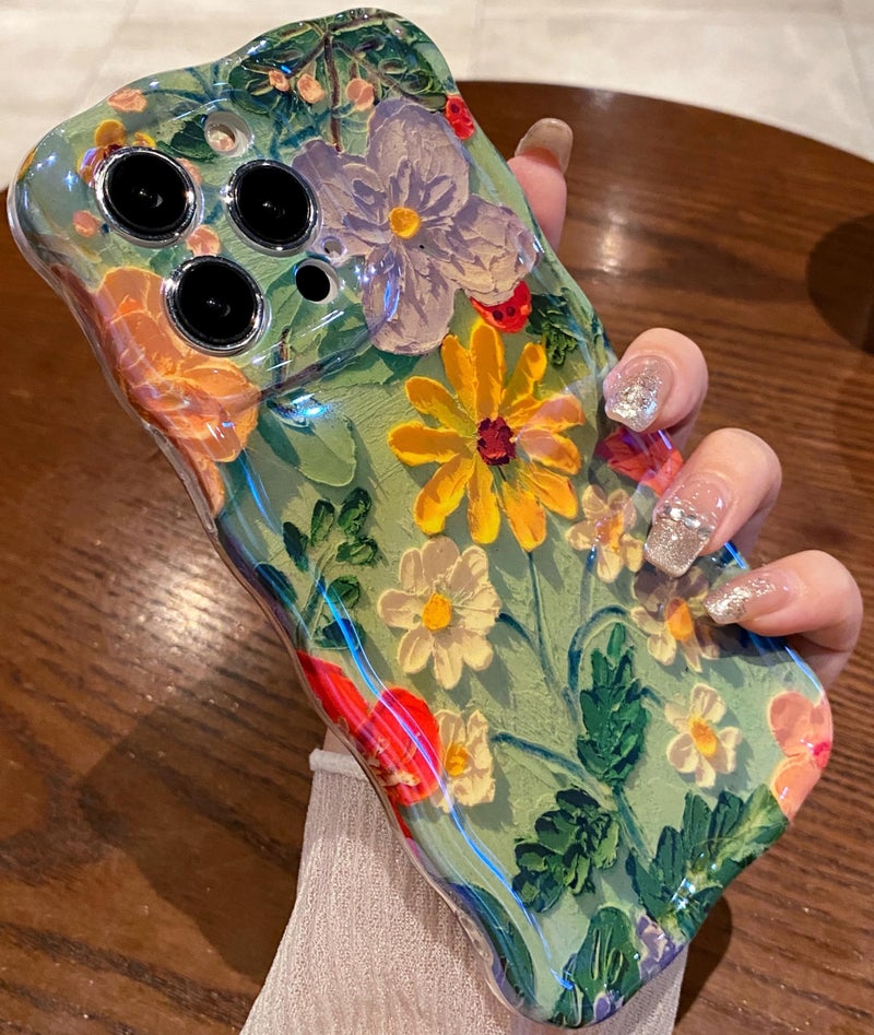 Amytor for iPhone 14 Pro Max Case, Colorful Retro Oil Painting Printed Flower Laser Glossy Pattern Cute Curly Wave Edge Exquisite Phone Cover Stylish Durable TPU Protective Case (Purple Yellow White) - Image 2