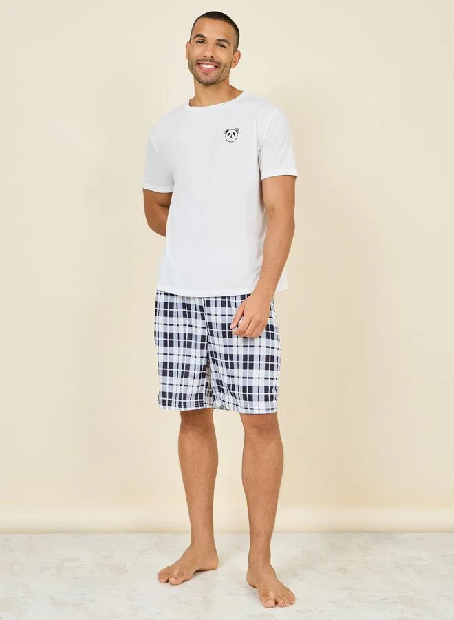 ستايلي Panda Print Crew Neck T-shirt and Checkered  Short Set