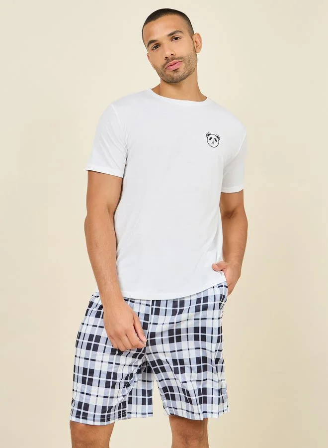 ستايلي Panda Print Crew Neck T-shirt and Checkered  Short Set