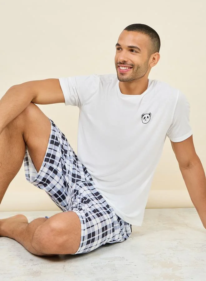ستايلي Panda Print Crew Neck T-shirt and Checkered  Short Set