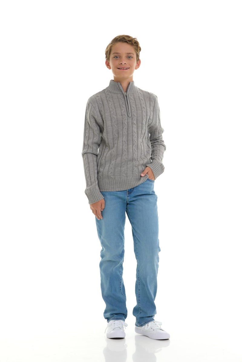 Sezzit Boys Quarter Zip Cable Knit Sweater â€“ Classic Warm Pullover for Kids.Perfect for School, Chirtmas, Fall and Winter. Grey -Size 5/6 - Image 1