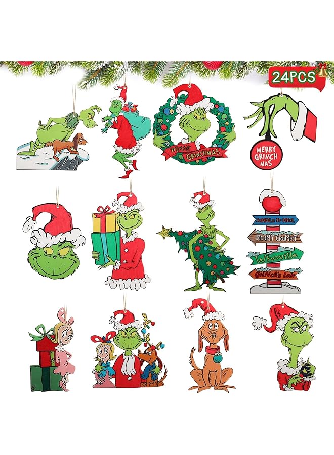 The Bros 24Pcs Wooden Christmas Tree Hanging Ornaments - Whimsical Green Christmas Decorations - Image 1
