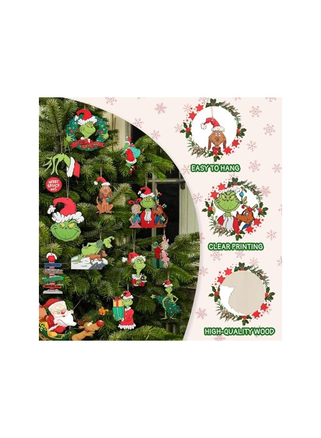 The Bros 24Pcs Wooden Christmas Tree Hanging Ornaments - Whimsical Green Christmas Decorations - Image 3