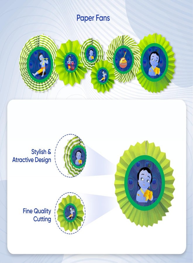 Untumble Krishna Theme Birthday Decoration Set - Includes 6 Paper Fans with Krishna Stickers | Birthday Banner Decor, Janmashtami Decor, Naming Ceremony, Photoshoot Props - Image 3