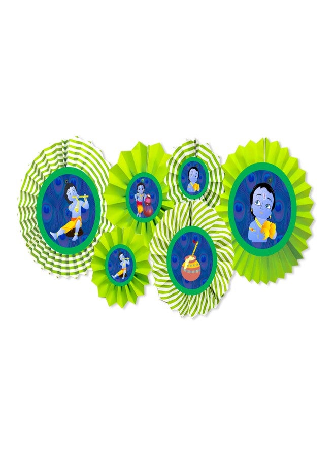 Untumble Krishna Theme Birthday Decoration Set - Includes 6 Paper Fans with Krishna Stickers | Birthday Banner Decor, Janmashtami Decor, Naming Ceremony, Photoshoot Props - Image 1