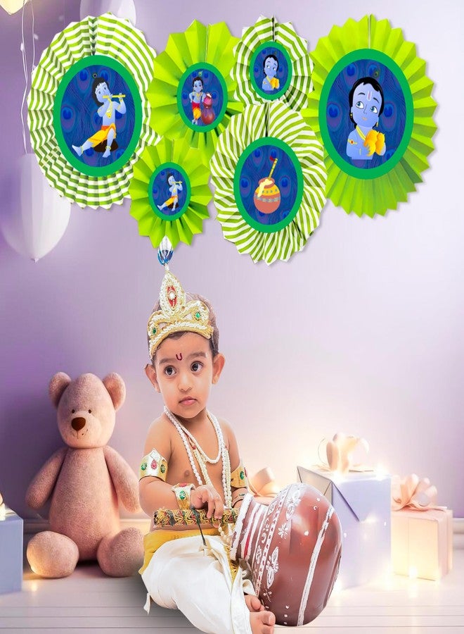 Untumble Krishna Theme Birthday Decoration Set - Includes 6 Paper Fans with Krishna Stickers | Birthday Banner Decor, Janmashtami Decor, Naming Ceremony, Photoshoot Props - Image 5