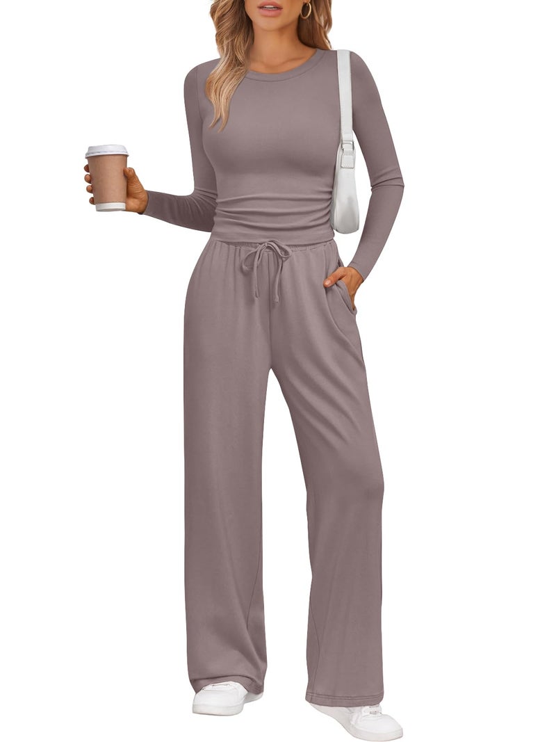 LILLUSORY Lounge Sets for Women Two 2 Piece matching Loungewear Sets Women Winter Clothing 2026 Fall Fashion Travel Airport Outfits Sweatsuits Casual Cute Clothes Rose Taupe M - Image 1