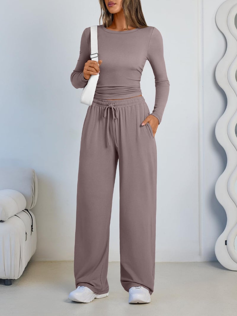 LILLUSORY Lounge Sets for Women Two 2 Piece matching Loungewear Sets Women Winter Clothing 2026 Fall Fashion Travel Airport Outfits Sweatsuits Casual Cute Clothes Rose Taupe M - Image 5