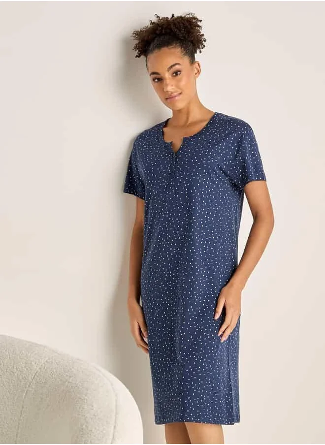 فاف Printed Sleepshirt with Round Neck and Short Sleeves