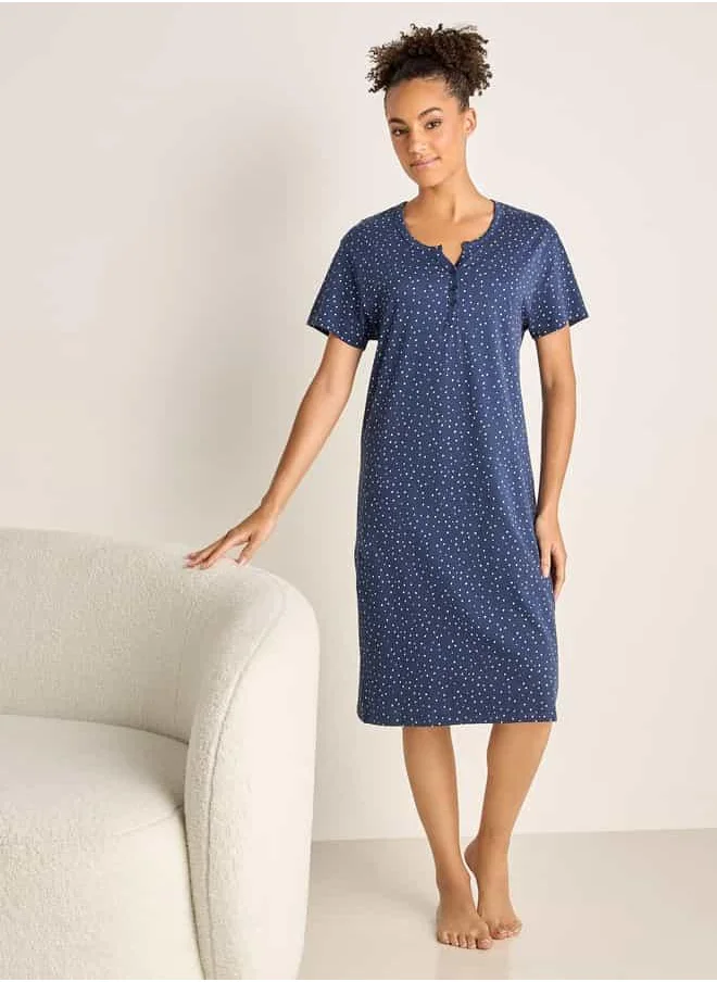 فاف Printed Sleepshirt with Round Neck and Short Sleeves