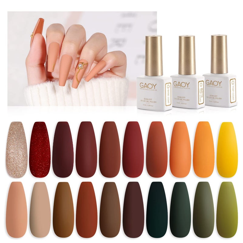 GAOY 23 Pcs Gel Nail Polish Set, Fall Brown Red Green Glitter Colors, UV Light Cure Gel Nail Kit with Glossy & Matte Top Coat and Base Coat for Salon and DIY Manicure at Home - Image 1