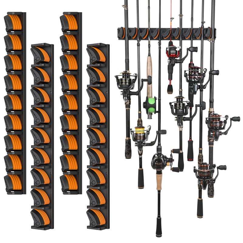 PLUSINNO V9 Vertical Fishing Rod Holders, 4 Packs Wall Mounted Fishing Pole Holders, Fishing Rod Racks Hold Up to 36 Rods or Combos, Fishing Rod Holders for Garage, Fits Most Rods of Diameter 3-19mm - Image 1
