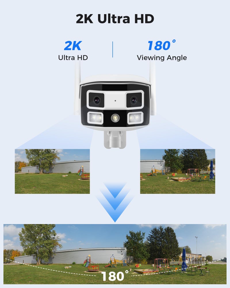 Hiseeu كاميرا مراقبة Hiseeu WiFi Pro 4MP بعدستين مزدوجتين، زاوية واسعة للغاية 180 درجة، 5GHz/2.4GHz، رؤية ليلية بالألوان الأسود والضوء، صوت ثنائي الاتجاه، مقاومة للعوامل الخارجية بمعيار IP66، دعم تسجيل على مدار الساعة طوال أيام الأسبوع - Image 2