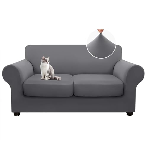 hyha 3 Pieces Couch Covers for 2 Cushion Couch Love Seat Couch Covers Sofa Covers Washable Stretch Sofa Slipcover Loveseat Covers with Elastic Straps Loveseat Dark Gray