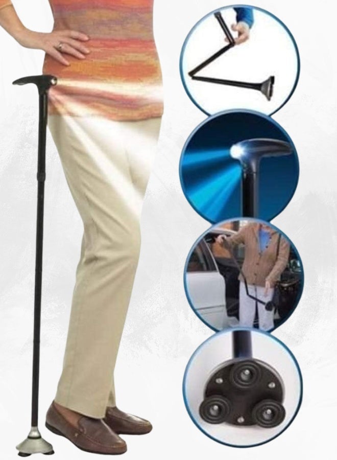 Smart folding cane for seniors with built-in LED light and 4-point pivot base, foldable and lightweight – ideal for all terrain and nighttime use. - Image 1