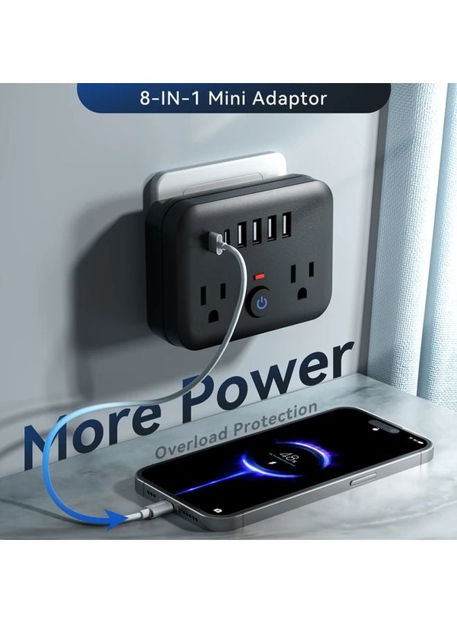 شريط طاقة واقي من زيادة الجهد المحمول الصغير الأسود 8 في 1 مع 2 منفذ كهرباء و 4 منافذ USB و 2 مقبس USB-C - Image 5