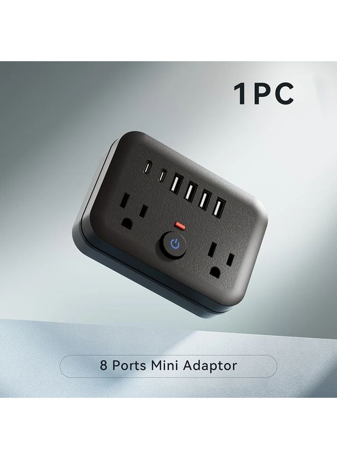 شريط طاقة واقي من زيادة الجهد المحمول الصغير الأسود 8 في 1 مع 2 منفذ كهرباء و 4 منافذ USB و 2 مقبس USB-C - Image 1