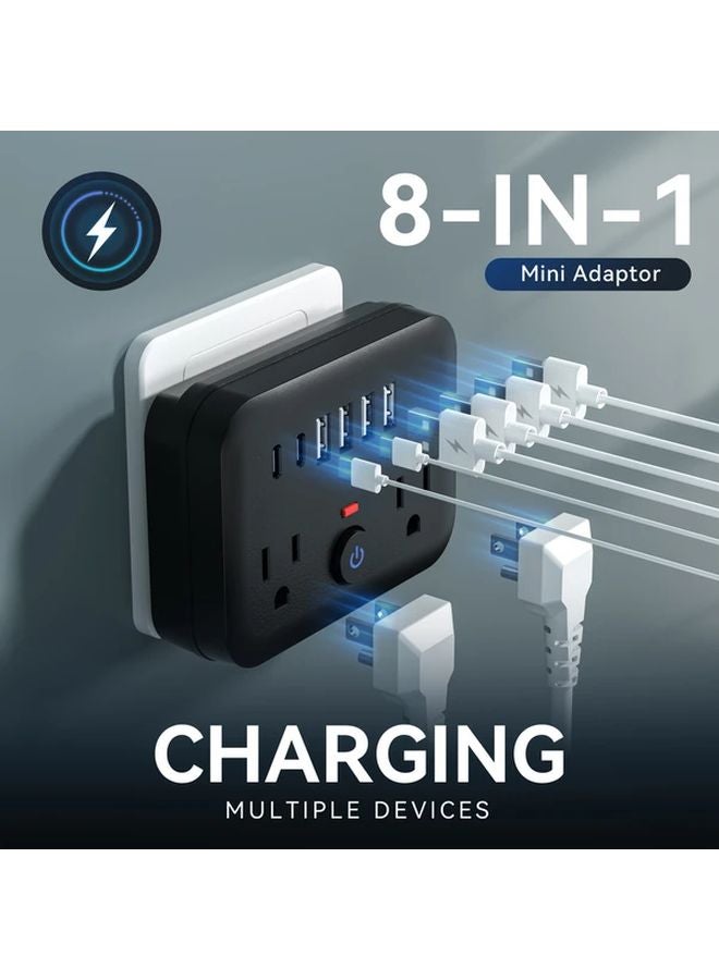 شريط طاقة واقي من زيادة الجهد المحمول الصغير الأسود 8 في 1 مع 2 منفذ كهرباء و 4 منافذ USB و 2 مقبس USB-C - Image 2