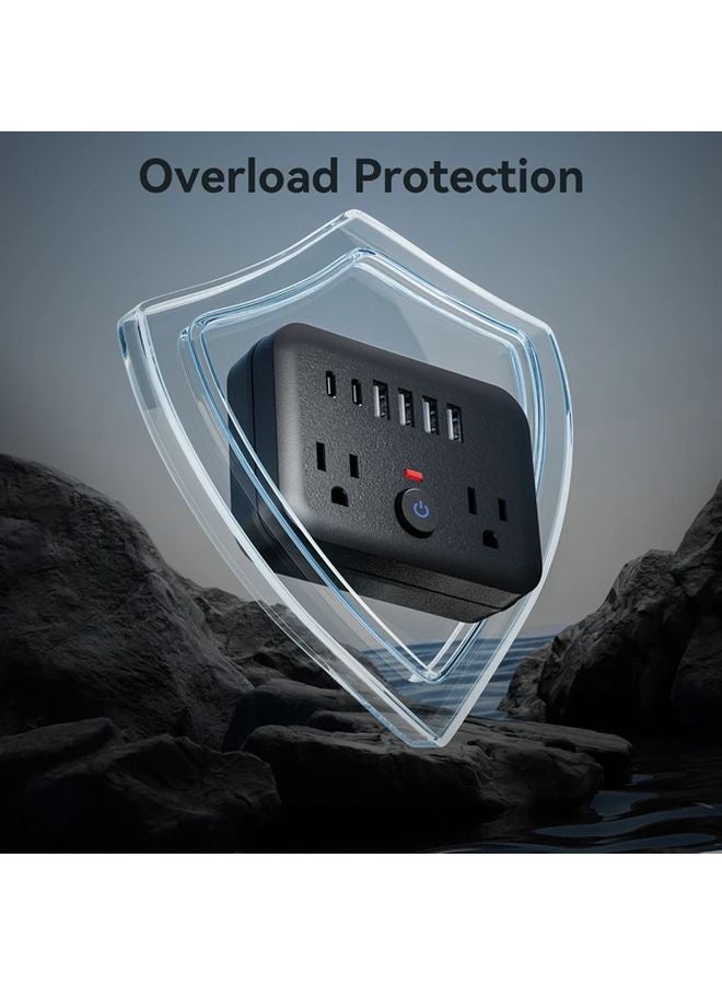 شريط طاقة واقي من زيادة الجهد المحمول الصغير الأسود 8 في 1 مع 2 منفذ كهرباء و 4 منافذ USB و 2 مقبس USB-C - Image 4