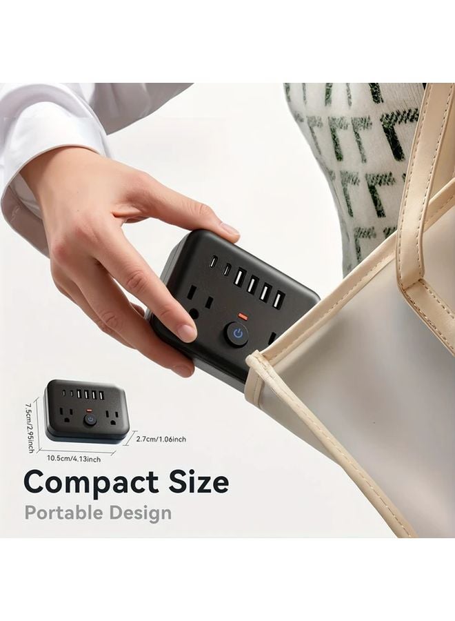 شريط طاقة واقي من زيادة الجهد المحمول الصغير الأسود 8 في 1 مع 2 منفذ كهرباء و 4 منافذ USB و 2 مقبس USB-C - Image 3